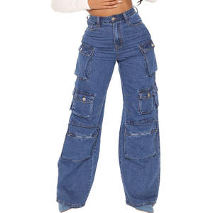 Vaqueros Cargo de Cintura Alta para Mujer, de Pierna Ancha, Ajuste Holgado, Estilo Vintage, Largos, Lavado a la Piedra, Azules, para Otoño - Product Image 1