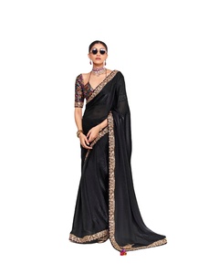 Sari Negro Meher Bordado con Blusa - Traje Tradicional para Fiestas, Sin Arrugas y que Absorbe la Humedad - Product Image 1