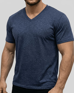 Men's V-Neck Short Sleeve Solid for Cotton Casual T-Shirt Regular Fit Breathable Enzyme Wash Jersey Fabric 180g Eco-Friendly - Product Image 1