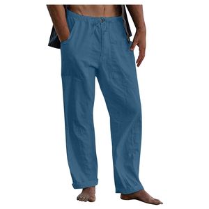 Loose Fit Casual 100% Cotton Mid Rise Straight <b>Drawstring</b> Waist Patch Pocket Medium Wash Men's Pants & <b>Trousers</b> - Product Image 1