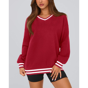 OEM <b>Women's</b> Casual Long Sleeve Stripes Knit <b>V</b> <b>Neck</b> Top Oversized <b>Sweatshirt</b> Made Pure Cotton Fleece Unisex Pullover <b>Sweatshirt</b> - Product Image 5