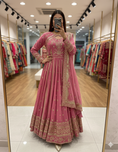 Robe de soirée haut de gamme en faux georgette avec broderie riche en sequins, manches longues, pantalon en soie beurrée et dupatta (UW 8028) DC - Product Image 1