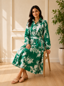 Factory Price <b>Women's</b> Green Printed Shirt Collar Full Sleeves <b>Belted</b> MIDI Dress Casual Daily Wear Clothing Comfortable Wear - Product Image 2