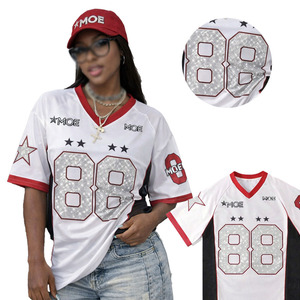 Bulk Women's Rhinestone American Football Jersey Custom V-Neck Urban Mesh Tops Private <b>Label</b> Red Contrast Streetwear Supply - Product Image 1