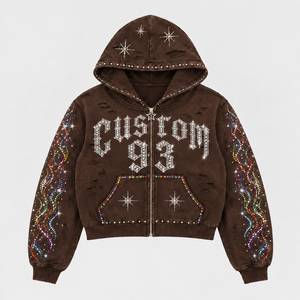 Custom Rhinestone Zip up <b>Hoodie</b> Streetwear Design Heavyweight Cotton Cropped Boxy Fit Premium Graphic Custom Logo Men <b>Hoodie</b> - Product Image 4