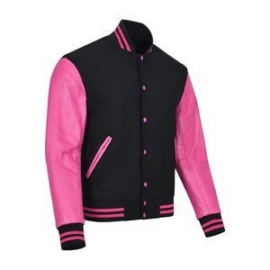 <b>Men's</b> Black Pink Varsity <b>Jacket</b> PU <b>Leather</b> Sleeves Stand Collar Button Closure Casual Autumn Wear - Product Image 2