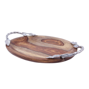 Elegante bandeja de servir hecha a mano con madera de mango y detalles florales en metal, plato decorativo perfecto para la decoración del hogar y cualquier evento. - Product Image 6
