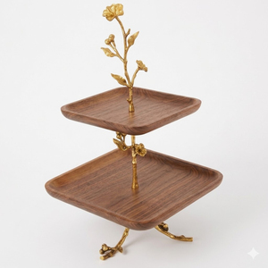 Support à gâteau moderne à 3 niveaux en bois d'acacia avec poignée en métal à motif feuille d'or, présentoir à dessert de luxe à plusieurs niveaux pour cupcakes et fêtes - Product Image 5