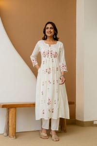 <b>Women's</b> <b>White</b> Embroidered Cotton Knee-Length Salwar <b>Suit</b> Dupatta Traditional Regular Fit Casual Wear Quick Dry India Pakistan - Product Image 2