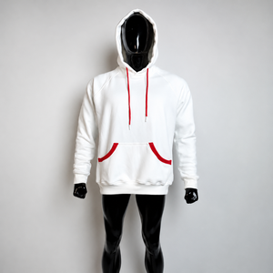 <b>Men's</b> White Hooded <b>Sweatshirt</b> With <b>Red</b> Drawstrings And Pocket Casual Autumn Wear Regular Fit Knitted French Terry 100% Cotton - Product Image 1