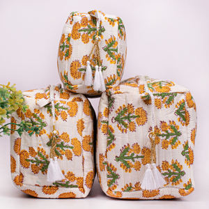 Pochette écologique faite à la main, sac à maquillage imprimé à la main, sac à fermeture éclair lavable, coton luxueux, style matelassé, grande capacité, cosmétique - Product Image 2