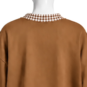 Sweat-shirt à col rond pour homme, coupe ample, marron camel, avec col et poignets à carreaux, manches longues, motif graphique, style streetwear décontracté - Product Image 4