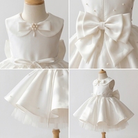 Gaun Formal Anak Perempuan Mewah Harmony, Bahan Satin Ivory, Model High Low Elegan, Rok Satin Mengembang, Rok Tulle, Hiasan Mutiara