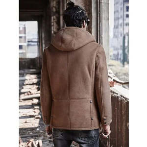 Veste safari en daim marron pour homme, à capuche, doublure en fausse fourrure, coupe-vent, manteau d'hiver, coupe classique, style workwear - Product Image 3
