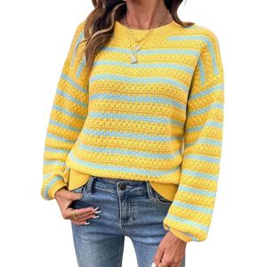 Custom Knitted Striped Women Sweaters Yellow Blue Drop Shoulder Lantern Sleeve Crewneck Breathable Soft Acrylics <b>Jumpers</b> - Product Image 1