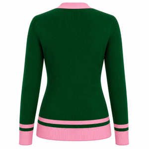 Cardigan personnalisé AKA pour femme, vert et rose, col en V, style preppy brodé, pull d'hiver à manches longues en tricot acrylique 1908 - Product Image 2