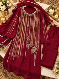 Conjunto de 3 Piezas de Chifón con Bordado Intenso, Traje Indio Pakistaní para Fiestas, Anarkali - Product Image 3