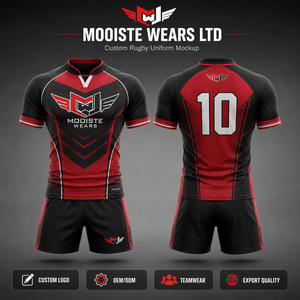 Conjunto de Uniforme de Rugby Personalizado de Manga Corta, Camiseta Deportiva Roja y Negra y Pantalones Cortos, 100% Poliéster, Cintura Elástica, OEM, ODM - Product Image 1