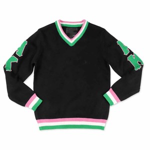 Alpha |   Kapa |   Pull-over col en V pour femme Alpha Sorority - Bordure noire/rose - Style preppy - Manches longues - Couleurs contrastées - Product Image 1