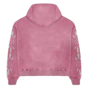 Ensemble de survêtement rose à imprimé floral pour femme, décontracté, avec fermeture éclair intégrale sur le devant, coupe ample, pour l'automne, effet délavé, orné de strass. - Product Image 4