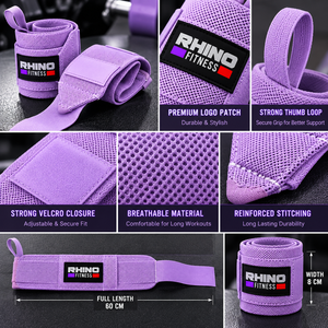 Bandes de maintien pour poignets Rhino Fitness en coton violet avec boucle pour le pouce et fermeture auto-agrippante pour la main gauche, soutien pour la musculation en salle de sport - Product Image 5