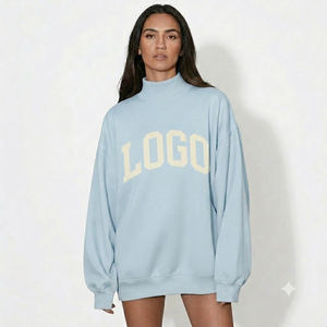 Sudadera Oversize de Cuello Alto para Mujer, Azul Claro con Estampado de Letras, Manga Larga, Tejido de Algodón, Estilo Casual para Otoño - Product Image 1