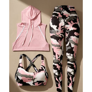 Athletic 3pcs Set Hooded T Shirt And Tight Yoga Outfit Women High Waist Butt Lifting <b>Leggings</b> Set In Unique Style - Product Image 5