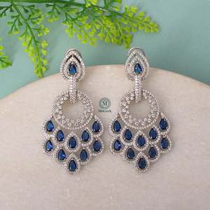 Nihara Fine Dangle Earrings Peacock Feather Design Sapphire Blue - Product Image 2