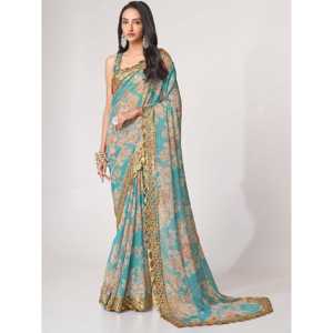 Pretty Sky Blue Floral Print Organza Saree con blusa Festival Wear para fiestas - Product Image 2