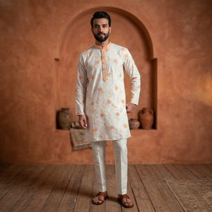 <b>Men</b> White Orange Printed <b>Kurta</b> <b>Pajama</b> Set Regular Fit Traditional Indian Pakistani Knee-Length - Product Image 2