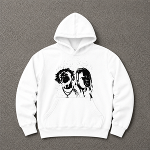 Sweat à capuche oversize blanc avec imprimé graphique vintage, style streetwear, motif portrait noir, en molleton de coton épais - Product Image 5