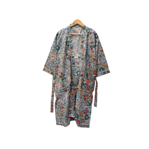 Bata Kimono de Algodón Gris con Estampado Floral para Mujer, Manga Larga, Cuello en V, Ropa de Estar por Casa, Bata de Baño Larga con Cinturón - Product Image 1