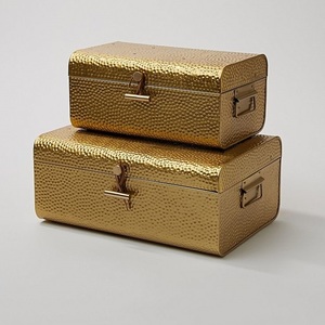 Luxury Gold Hammered <b>Storage</b> Trunk Set of 2 Decorative Metal Chest Boxes Vintage Lockable Home Decor Organizer - Product Image 1