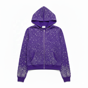 Sweat à capuche zippé surdimensionné pour homme, en coton 100% premium, avec logo personnalisé et strass sur toute la surface, pour l'hiver - Product Image 2