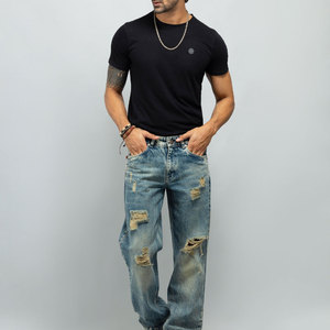 Pantalon en jean déchiré taille haute pour homme, coupe droite, style urbain, en coton, poids moyen, fermeture boutonnée - Product Image 2
