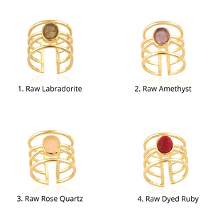 Anillo de Piedras Semipreciosas Chapado en Oro de 18k, Labradorita Natural sin Cortar, Cuarzo Rosa, Amatista, Anillo Ajustable Unisex - Product Image 1