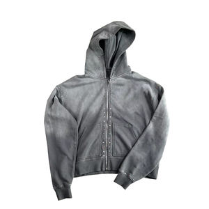 เสื้อฮู้ดซิปสีเทาแบบยูนิเซ็กซ์ขายส่ง ล้างสีแบบแอซิดวอช ประดับด้วยคริสตัล สไตล์สตรีทแวร์สั่งทำได้ คุณภาพพรีเมียม - Product Image 1