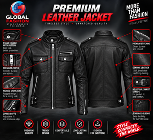 Chaqueta de Motociclista de Cuero PU Negra para Hombre, Corte Ajustado, Cuello Alto, Cierre de Cremallera, Estilo Biker, para Otoño - Product Image 6