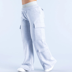 Pantalones de chándal cargo grises de cintura alta para mujer, corte holgado, hasta la rodilla, elásticos, resistentes a las arrugas, informales, para invierno, 80% algodón - Product Image 1