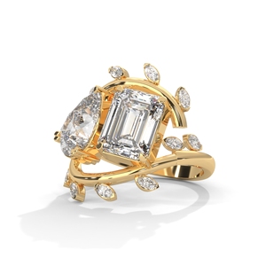 Moissanite Two Stone <b>Ring</b> Pear Cut <b>Emerald</b> Cut Gold Plated 925 <b>Silver</b> Cross Over Bridal Jewelry - Product Image 2