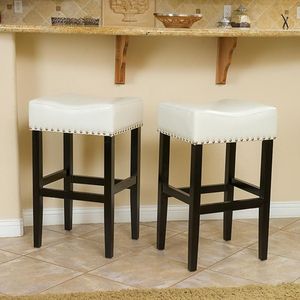 Set of <b>2</b> 30-Inch Ivory Faux Leather Counter <b>Stools</b> Backless Design-for <b>Bar</b> Seating - Product Image 1