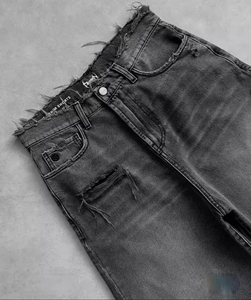 Wholesale Summer Unisex Hip Hop Ripped Hole Denim Shorts 100% Cotton Breathable <b>Black</b> Punk Wash Baggy Work Vintage Raw <b>Edge</b> - Product Image 4