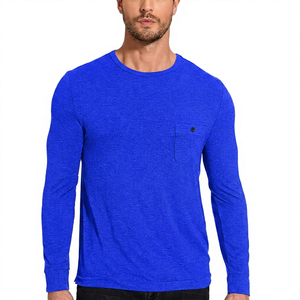 Men's Gray Long Sleeve O-Neck <b>T</b>-<b>Shirt</b> with Chest Pocket Regular Fit Casual Knitted <b>Modal</b>/Cotton Quick Dry Anti-Pilling Top - Product Image 4