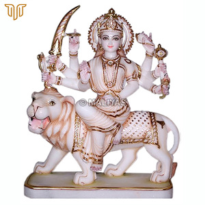 White Marble Durga Maa Statue on Lion | Handcrafted Durga Mata Murti with Ornate Crown and Golden Details by MALIYAS - Product Image 2
