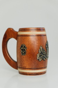 Handmade Wooden Beer Mug Viking Style Round Brown Oak Tankard Polished Steel Carving <b>Glasses</b> for <b>Water</b> Wine Angel Religious Styl - Product Image 2