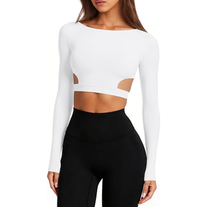Women Off-The-Shoulder <b>Long</b> <b>Sleeve</b> Yoga <b>Top</b> Solid Color Cut-Out Seamless Activewear <b>White</b> - Product Image 1