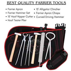 Kit d'outils professionnels de fermeur avec tablier, ceinture réglable, cisaille à sabots, testeur de douleur, pince à sabots courbée, marteau de forgeron et râpe à sabots - Product Image 2