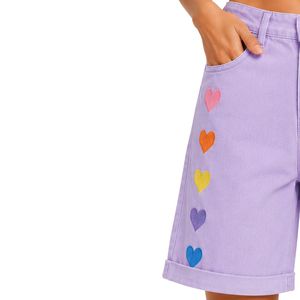 Shorts de Mezclilla para Mujer, Bordados con Corazón Arcoíris Morado Lavanda, Cintura Alta, Corte Holgado Informal, Dobladillo Enrollado, Algodón, Jeans de Moda de Verano - Product Image 3