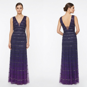 Robe midi à paillettes violettes |   Robe de soirée sans manches à col en V et coupe trapèze pour femme |   Robe élégante en maille pour occasions formelles, broderie de luxe - Product Image 1