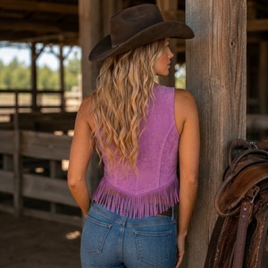 Women Genuine Suede Leather Vest, Black Western <b>Fringe</b> Vest, Front Buckle Straps Cowgirl <b>Waistcoat</b>, Biker Vest - Product Image 5